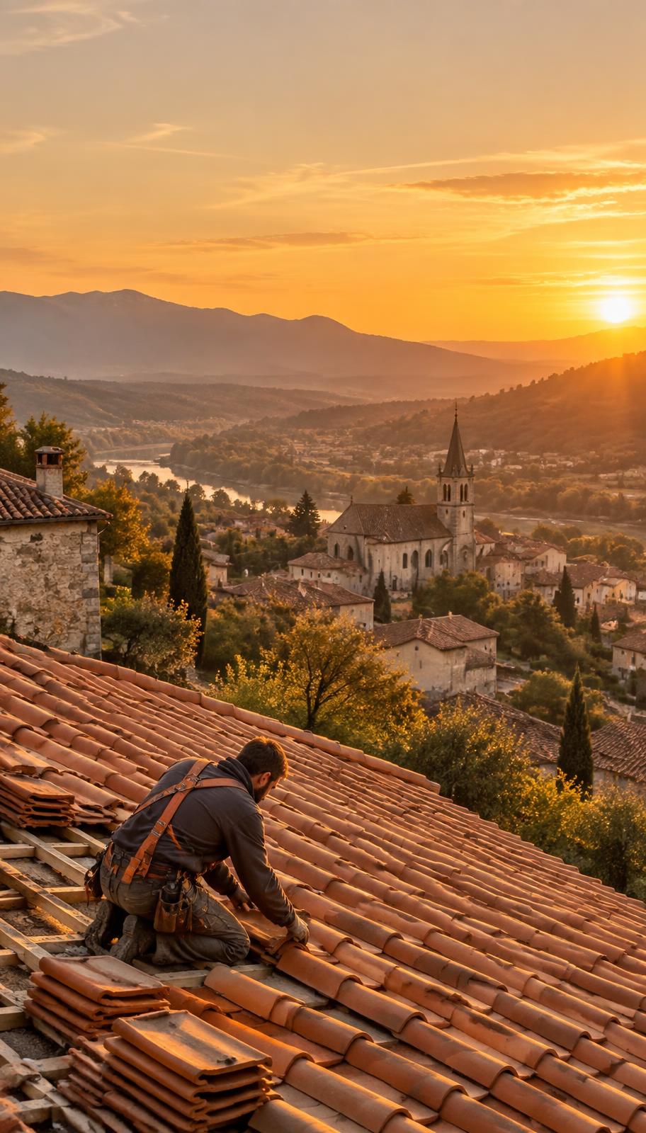 Artisan couvreur travaillant sur une toiture